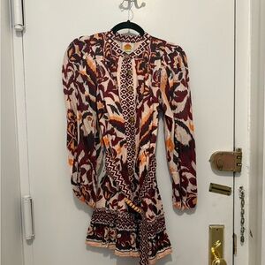 FARM Rio Multicolor Printed Long Sleeve Mini Dress — Burgundy, Orange, Cream
